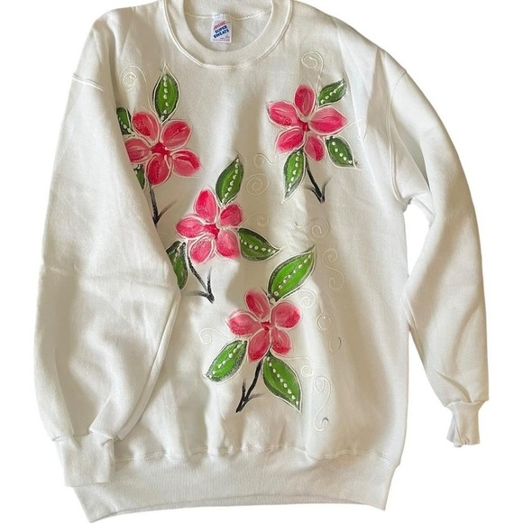 Jerzees Tops - Vintage crewneck. white and pink floral painted sweatshirt #floral #painted